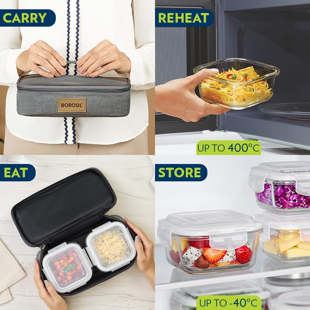 Borosil Pro Borosilicate Glass Lunchbox with Bag | 2 pc Square Container Set (320 ml Each) | Microwave & Dishwasher Safe, Leakproof | Tiffin for Office, School, College | Transparent, Horizontal BGFGBTIF0012