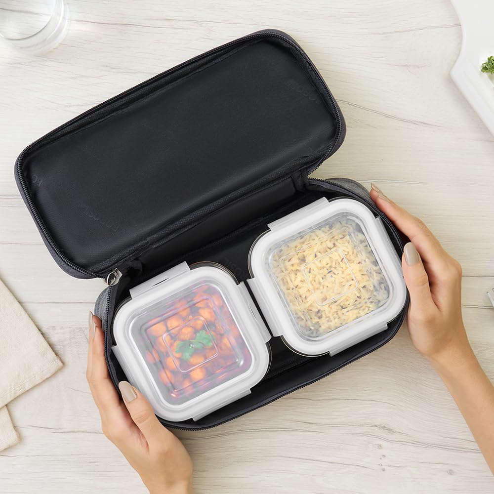 Borosil Pro Borosilicate Glass Lunchbox with Bag | 2 pc Square Container Set (320 ml Each) | Microwave & Dishwasher Safe, Leakproof | Tiffin for Office, School, College | Transparent, Horizontal BGFGBTIF0012