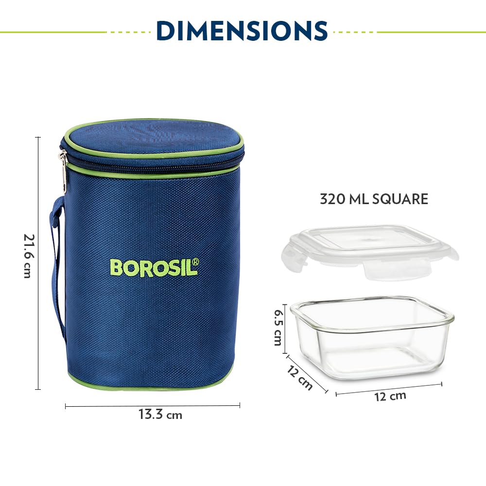 Borosil Klip n Store 320ml x 3 Square Container Lunchbox | Made in India Borosilicate Glass | Microwave & Dishwasher Safe | Tiffin for Office/School/College BGFGBTIF0017