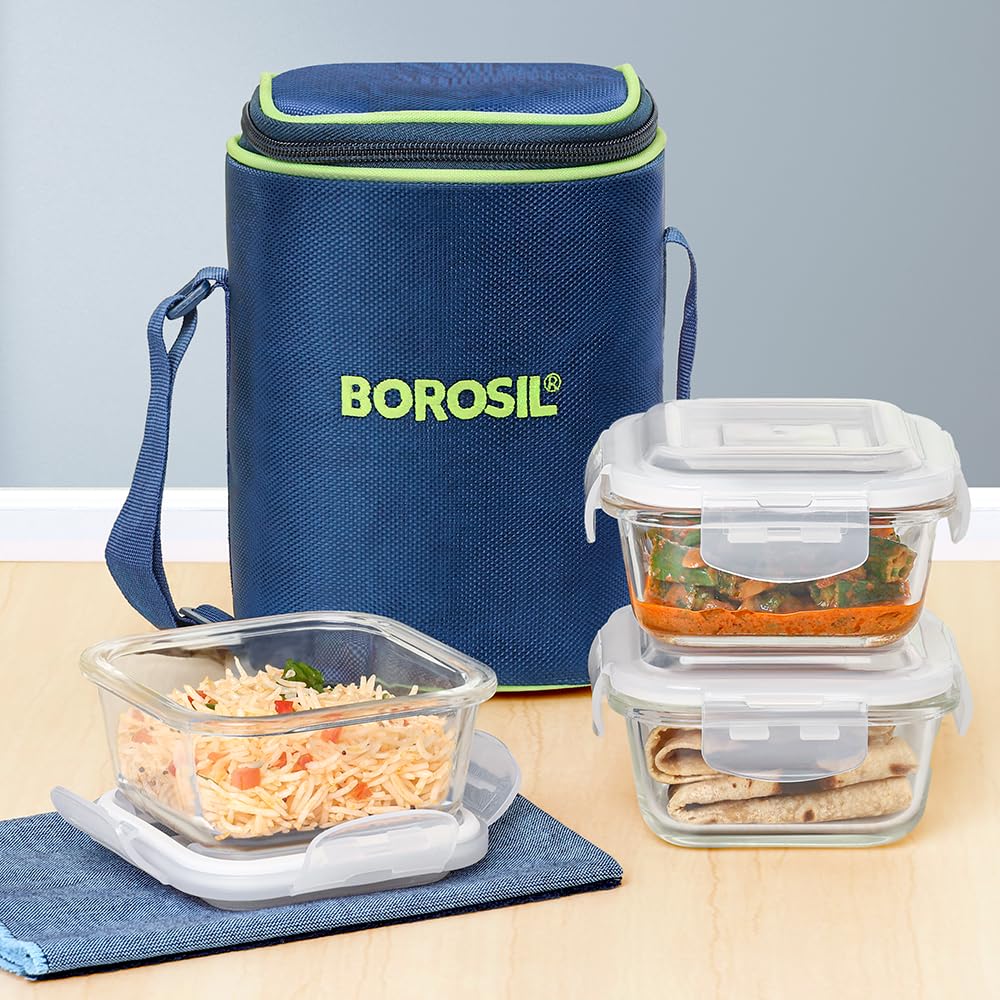 Borosil Klip n Store 320ml x 3 Square Container Lunchbox | Made in India Borosilicate Glass | Microwave & Dishwasher Safe | Tiffin for Office/School/College BGFGBTIF0017