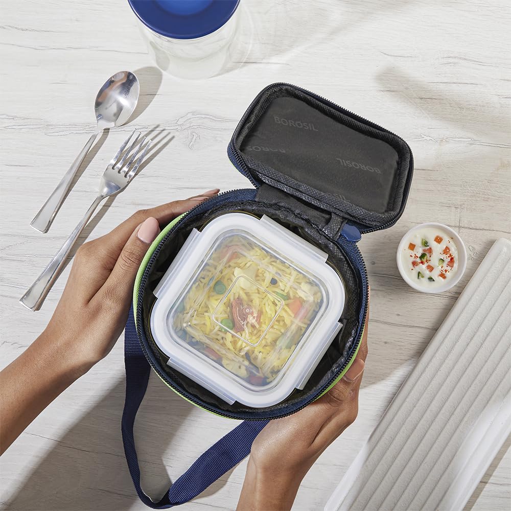Borosil Klip n Store 320ml x 3 Square Container Lunchbox | Made in India Borosilicate Glass | Microwave & Dishwasher Safe | Tiffin for Office/School/College BGFGBTIF0017