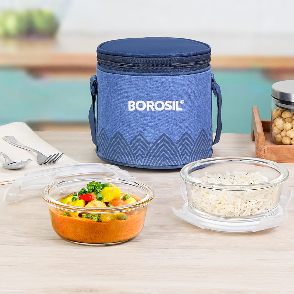 Borosil Mealbox Borosilicate Glass Lunchbox with Bag | 2 pc Round Container Set (400 ml Each) | Microwave & Dishwasher Safe, Leakproof | Tiffin for Office, School, College | Blue, Vertical BGFGBTIF0021
