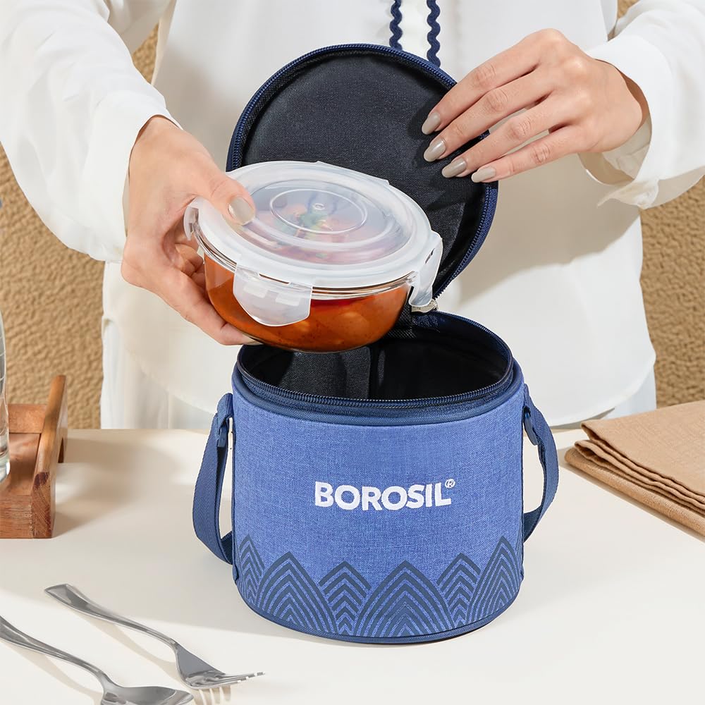Borosil Mealbox Borosilicate Glass Lunchbox with Bag | 2 pc Round Container Set (400 ml Each) | Microwave & Dishwasher Safe, Leakproof | Tiffin for Office, School, College | Blue, Vertical BGFGBTIF0021