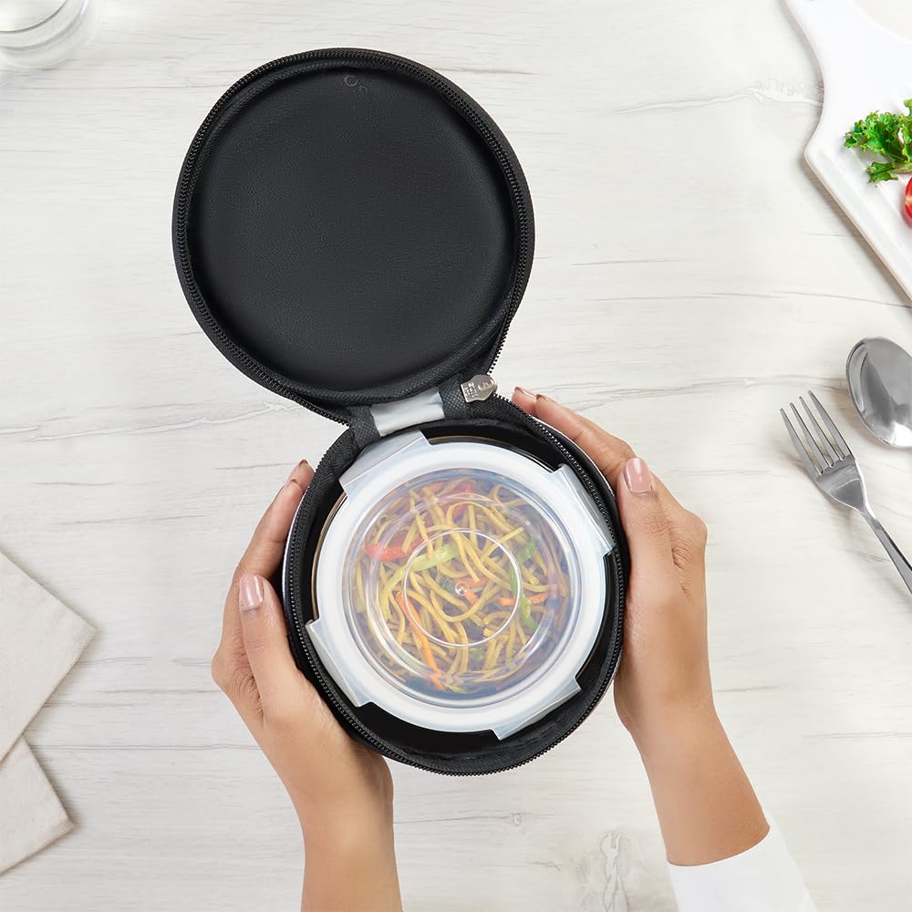 Borosil Mealbox Borosilicate Glass Lunchbox with Bag | 2 pc Round Container Set (400 ml Each) | Microwave & Dishwasher Safe, Leakproof | Tiffin for Office, School, College | Blue, Vertical BGFGBTIF0021