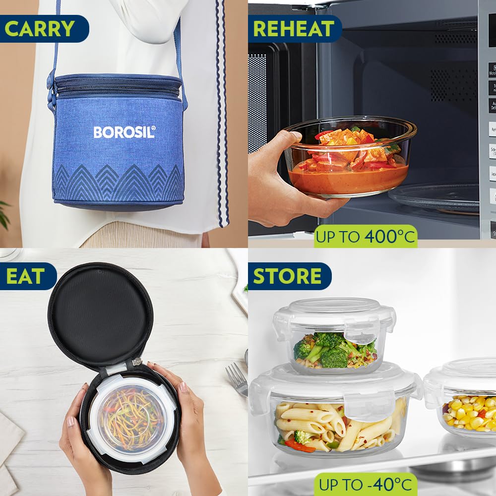 Borosil Mealbox Borosilicate Glass Lunchbox with Bag | 2 pc Round Container Set (400 ml Each) | Microwave & Dishwasher Safe, Leakproof | Tiffin for Office, School, College | Blue, Vertical BGFGBTIF0021