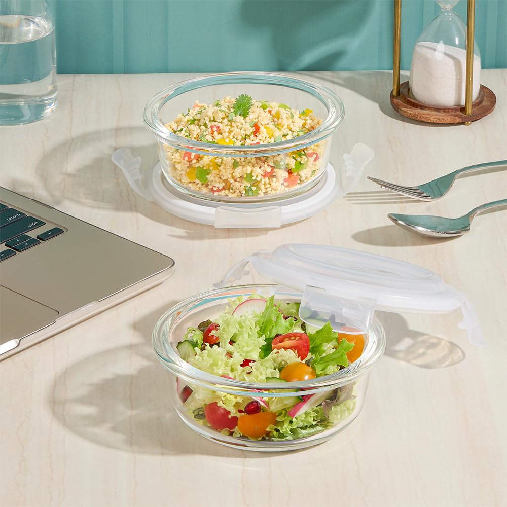 Borosil Mealbox Borosilicate Glass Lunchbox with Bag | 2 pc Round Container Set (400 ml Each) | Microwave & Dishwasher Safe, Leakproof | Tiffin for Office, School, College | Blue, Vertical BGFGBTIF0021