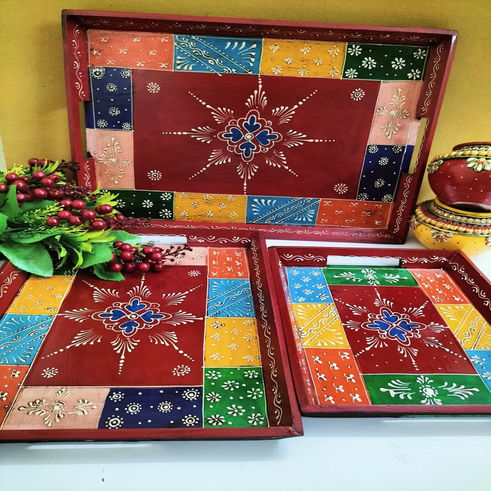 Wooden Hand Painted Tray set of 3
