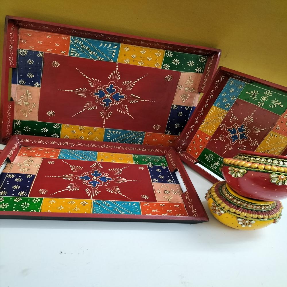 Wooden Hand Painted Tray set of 3