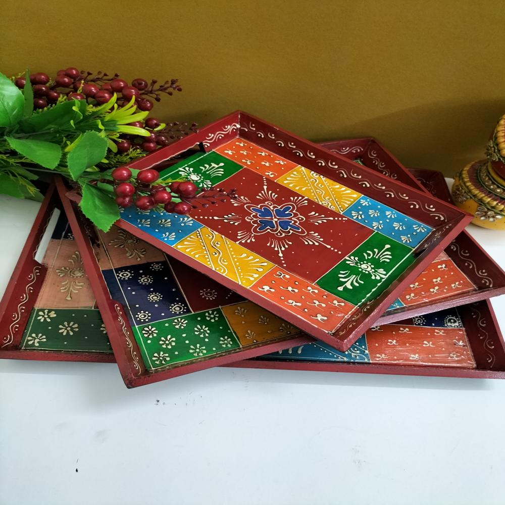 Wooden Hand Painted Tray set of 3