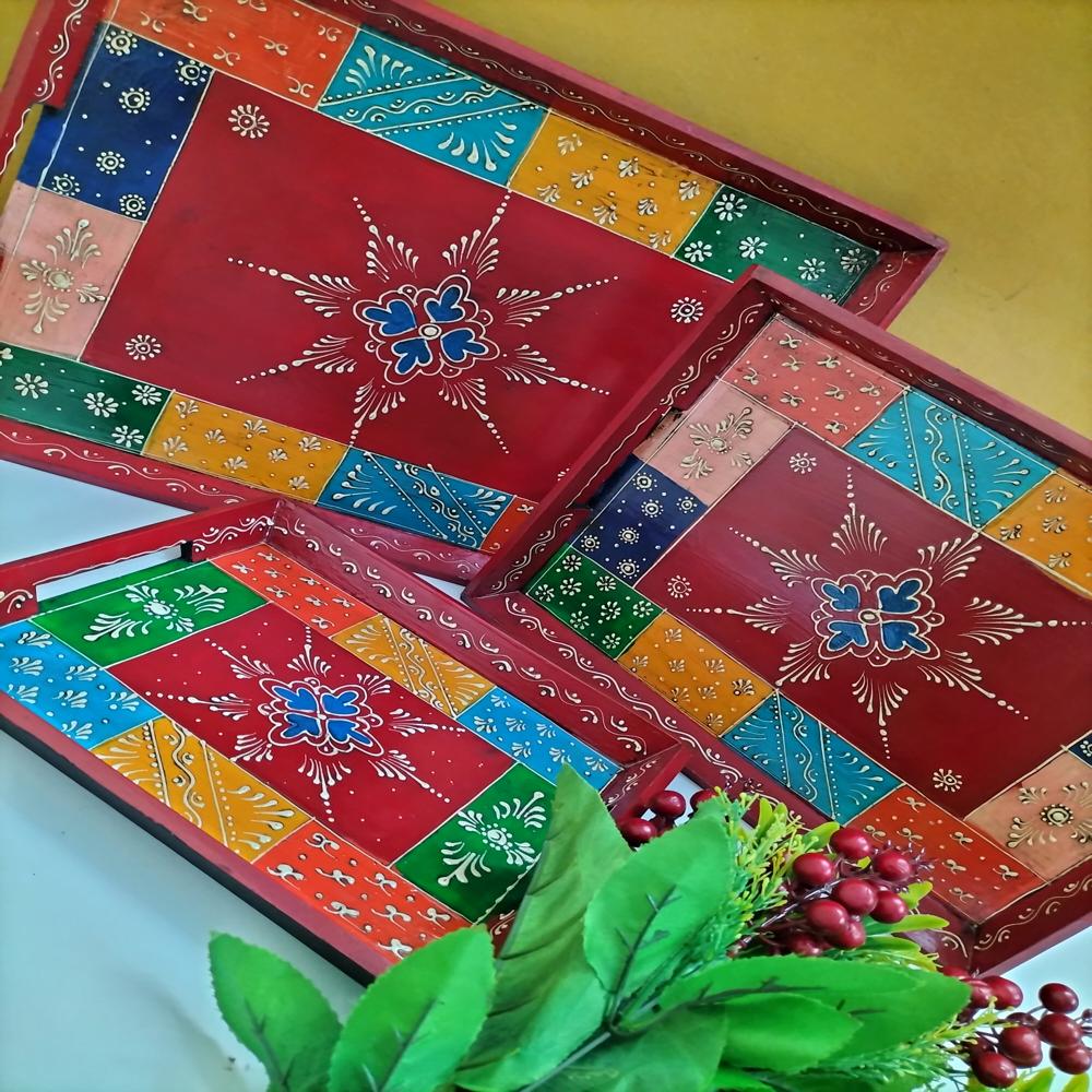 Wooden Hand Painted Tray set of 3