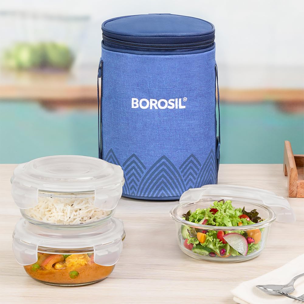 Borosil Mealbox Borosilicate Glass Lunchbox with Bag | 3 pc Round Container Set (400 ml Each) | Microwave & Dishwasher Safe, Leakproof | Tiffin for Office, School, College | Blue BGFGBTIF0018