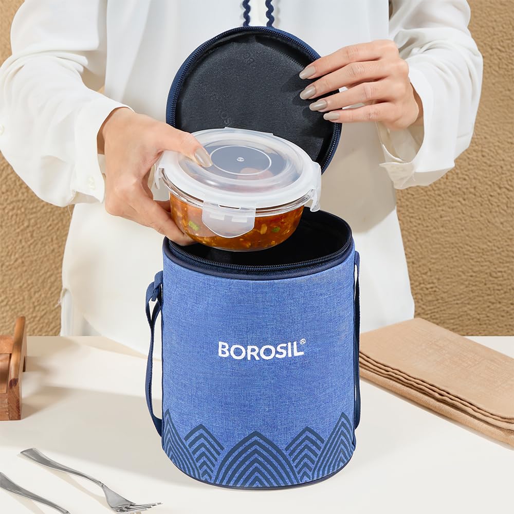 Borosil Mealbox Borosilicate Glass Lunchbox with Bag | 3 pc Round Container Set (400 ml Each) | Microwave & Dishwasher Safe, Leakproof | Tiffin for Office, School, College | Blue BGFGBTIF0018