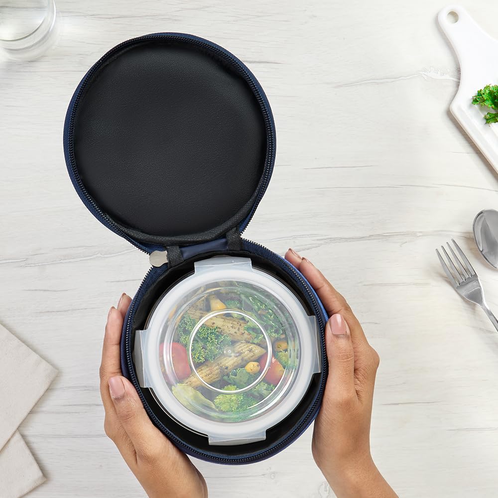 Borosil Mealbox Borosilicate Glass Lunchbox with Bag | 3 pc Round Container Set (400 ml Each) | Microwave & Dishwasher Safe, Leakproof | Tiffin for Office, School, College | Blue BGFGBTIF0018