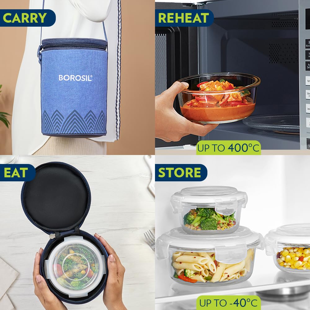 Borosil Mealbox Borosilicate Glass Lunchbox with Bag | 3 pc Round Container Set (400 ml Each) | Microwave & Dishwasher Safe, Leakproof | Tiffin for Office, School, College | Blue BGFGBTIF0018