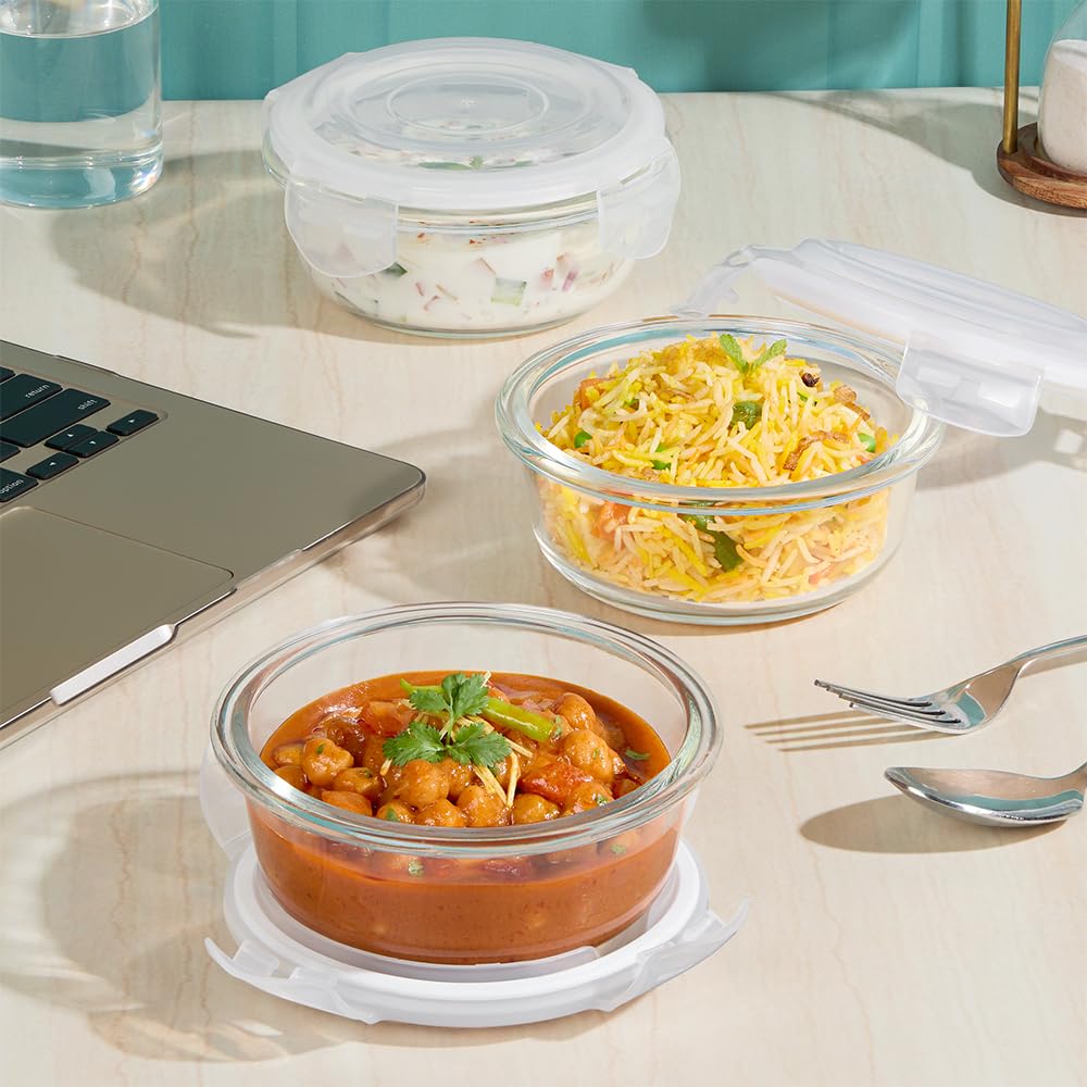 Borosil Mealbox Borosilicate Glass Lunchbox with Bag | 3 pc Round Container Set (400 ml Each) | Microwave & Dishwasher Safe, Leakproof | Tiffin for Office, School, College | Blue BGFGBTIF0018