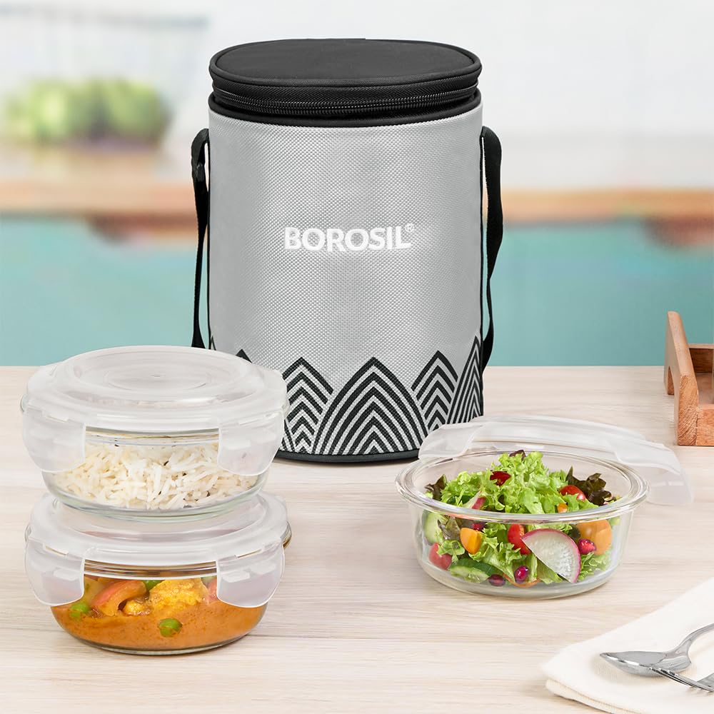 Borosil Mealbox Borosilicate Glass Lunchbox With Bag | 3 Pc Round Container Set (400 Ml Each) | Microwave & Dishwasher Safe, Leakproof | Tiffin For Office, School, College | Grey Bgfgbtif0026 - Handle Type: Na