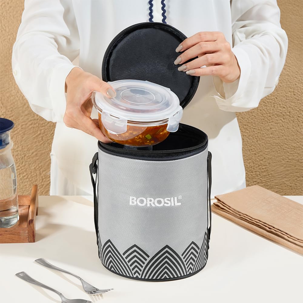 Borosil Mealbox Borosilicate Glass Lunchbox with Bag | 3 pc Round Container Set (400 ml Each) | Microwave & Dishwasher Safe, Leakproof | Tiffin for Office, School, College | Grey BGFGBTIF0026