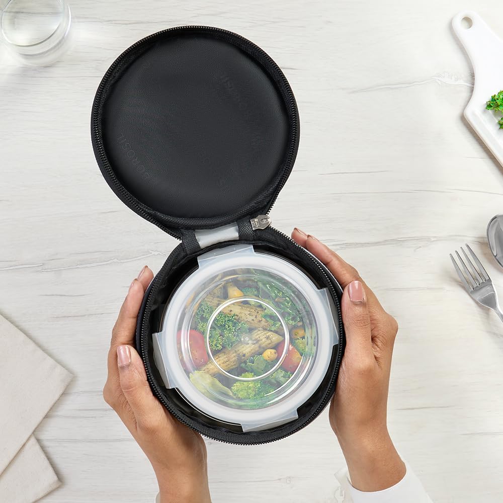 Borosil Mealbox Borosilicate Glass Lunchbox with Bag | 3 pc Round Container Set (400 ml Each) | Microwave & Dishwasher Safe, Leakproof | Tiffin for Office, School, College | Grey BGFGBTIF0026