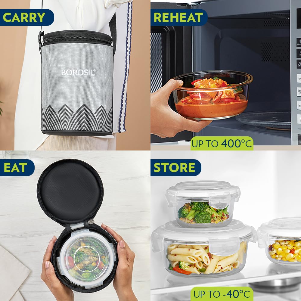 Borosil Mealbox Borosilicate Glass Lunchbox with Bag | 3 pc Round Container Set (400 ml Each) | Microwave & Dishwasher Safe, Leakproof | Tiffin for Office, School, College | Grey BGFGBTIF0026