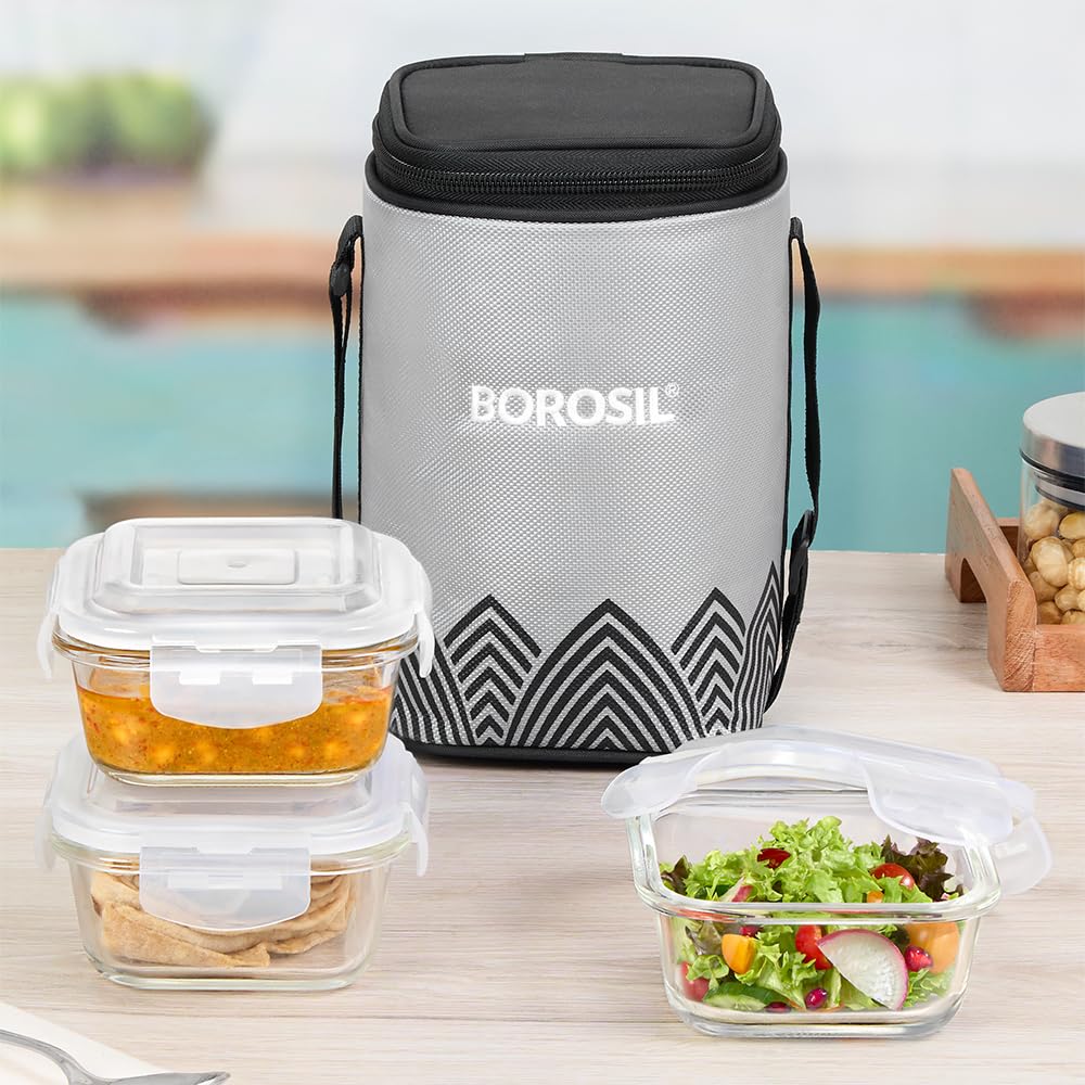 Borosil Mealbox Borosilicate Glass Lunchbox with Bag | 3 pc Square Container Set (320 ml Each) | Microwave & Dishwasher Safe, Leakproof | Tiffin for Office, School, College | Grey BGFGBTIF0025