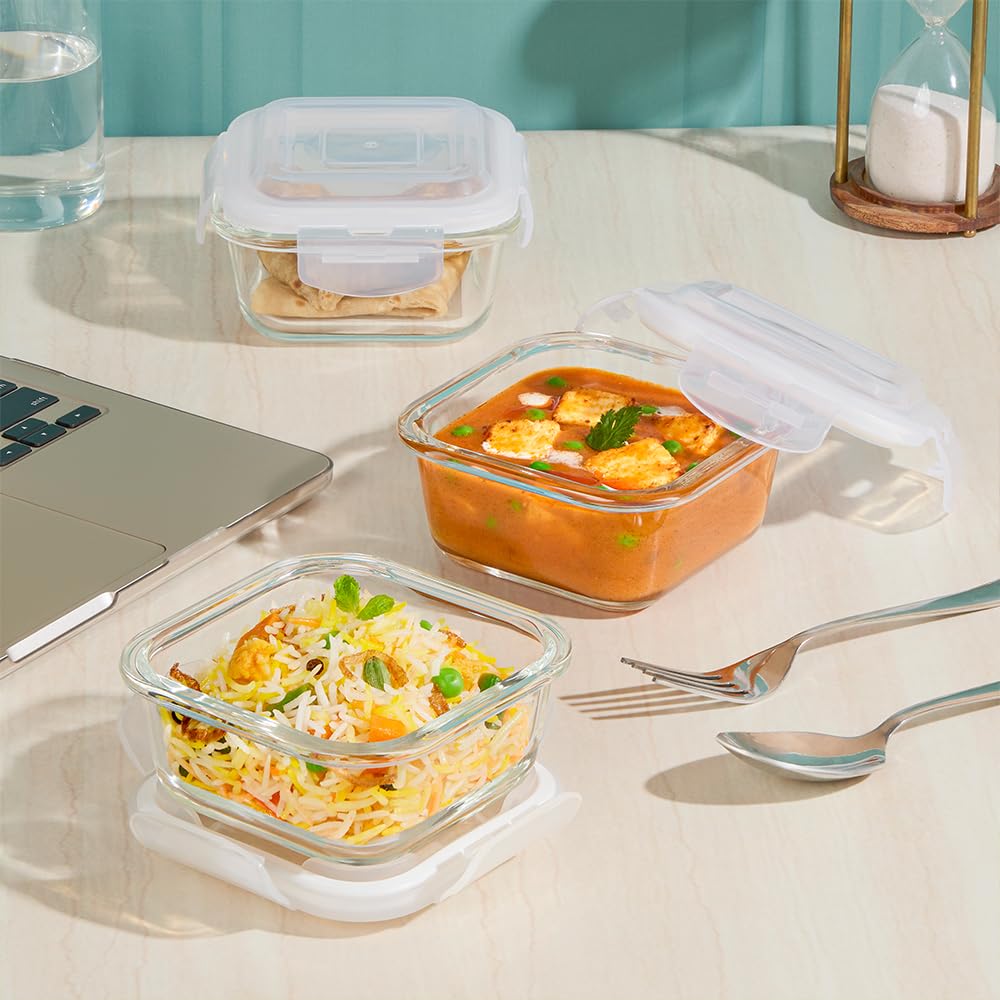 Borosil Mealbox Borosilicate Glass Lunchbox with Bag | 3 pc Square Container Set (320 ml Each) | Microwave & Dishwasher Safe, Leakproof | Tiffin for Office, School, College | Grey BGFGBTIF0025
