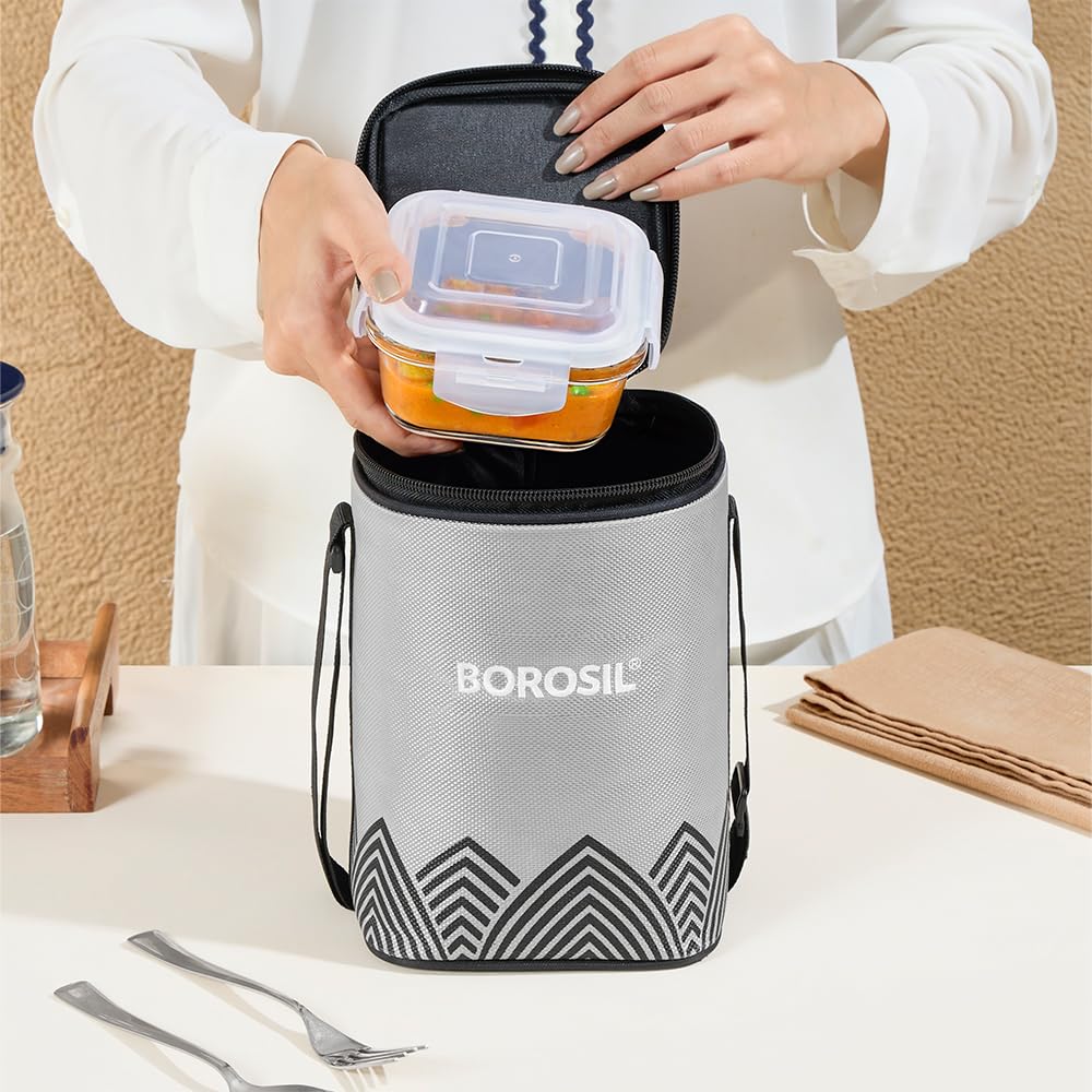 Borosil Mealbox Borosilicate Glass Lunchbox with Bag | 3 pc Square Container Set (320 ml Each) | Microwave & Dishwasher Safe, Leakproof | Tiffin for Office, School, College | Grey BGFGBTIF0025