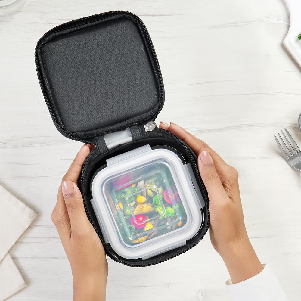 Borosil Mealbox Borosilicate Glass Lunchbox with Bag | 3 pc Square Container Set (320 ml Each) | Microwave & Dishwasher Safe, Leakproof | Tiffin for Office, School, College | Grey BGFGBTIF0025