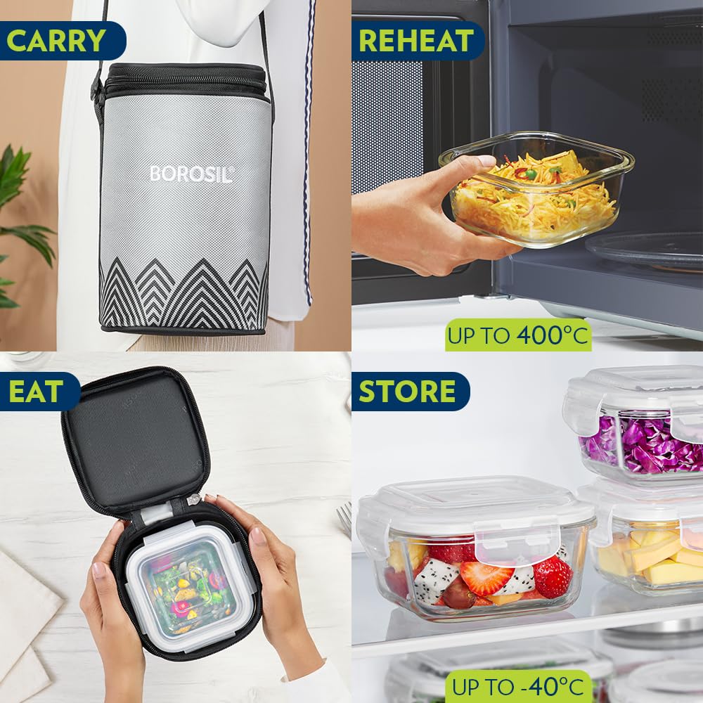 Borosil Mealbox Borosilicate Glass Lunchbox with Bag | 3 pc Square Container Set (320 ml Each) | Microwave & Dishwasher Safe, Leakproof | Tiffin for Office, School, College | Grey BGFGBTIF0025