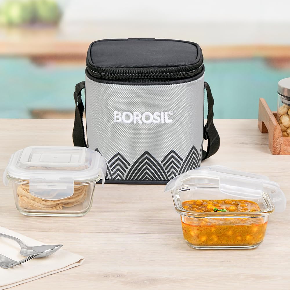 Borosil Mealbox Borosilicate Glass Lunchbox with Bag | 2 pc Square Container Set (320 ml Each) | Microwave & Dishwasher Safe, Leakproof | Tiffin for Office, School, College  BGFGBTIF0027