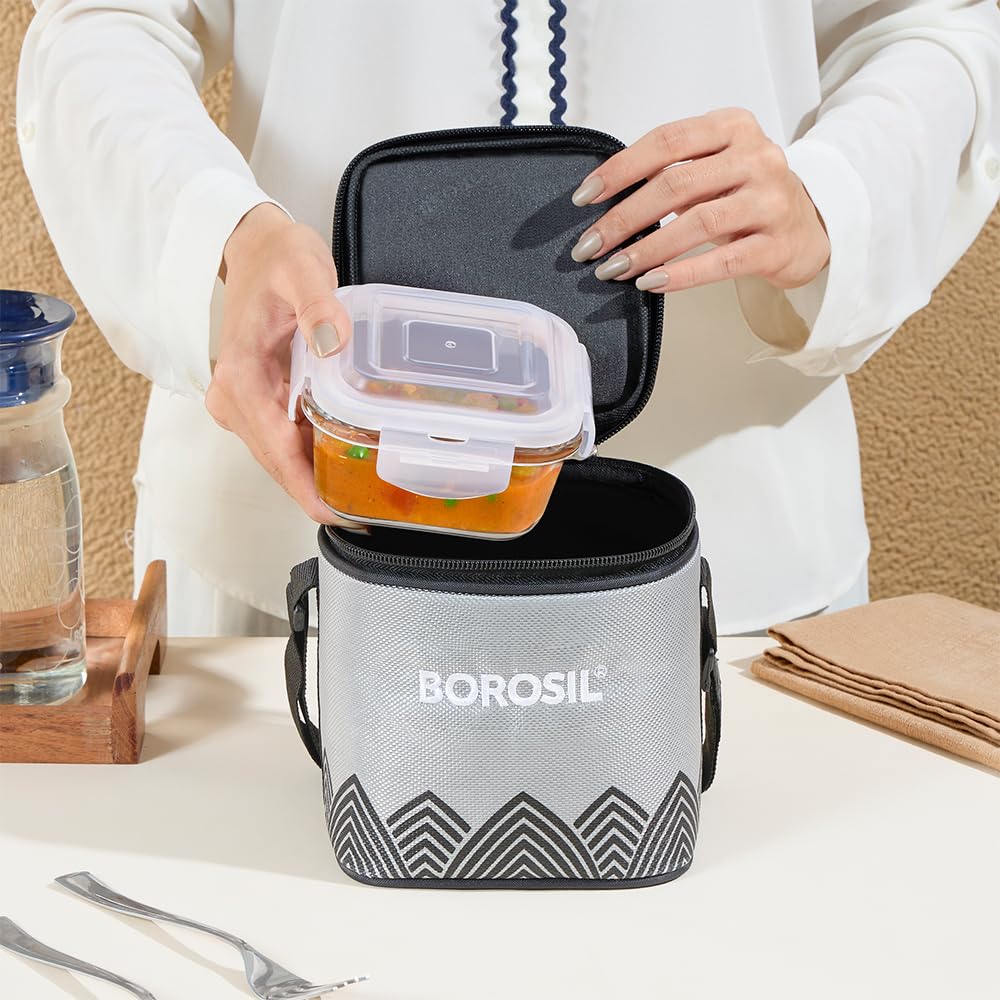 Borosil Mealbox Borosilicate Glass Lunchbox with Bag | 2 pc Square Container Set (320 ml Each) | Microwave & Dishwasher Safe, Leakproof | Tiffin for Office, School, College  BGFGBTIF0027