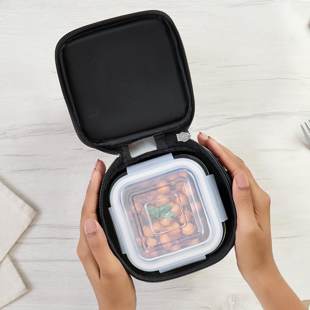 Borosil Mealbox Borosilicate Glass Lunchbox with Bag | 2 pc Square Container Set (320 ml Each) | Microwave & Dishwasher Safe, Leakproof | Tiffin for Office, School, College  BGFGBTIF0027