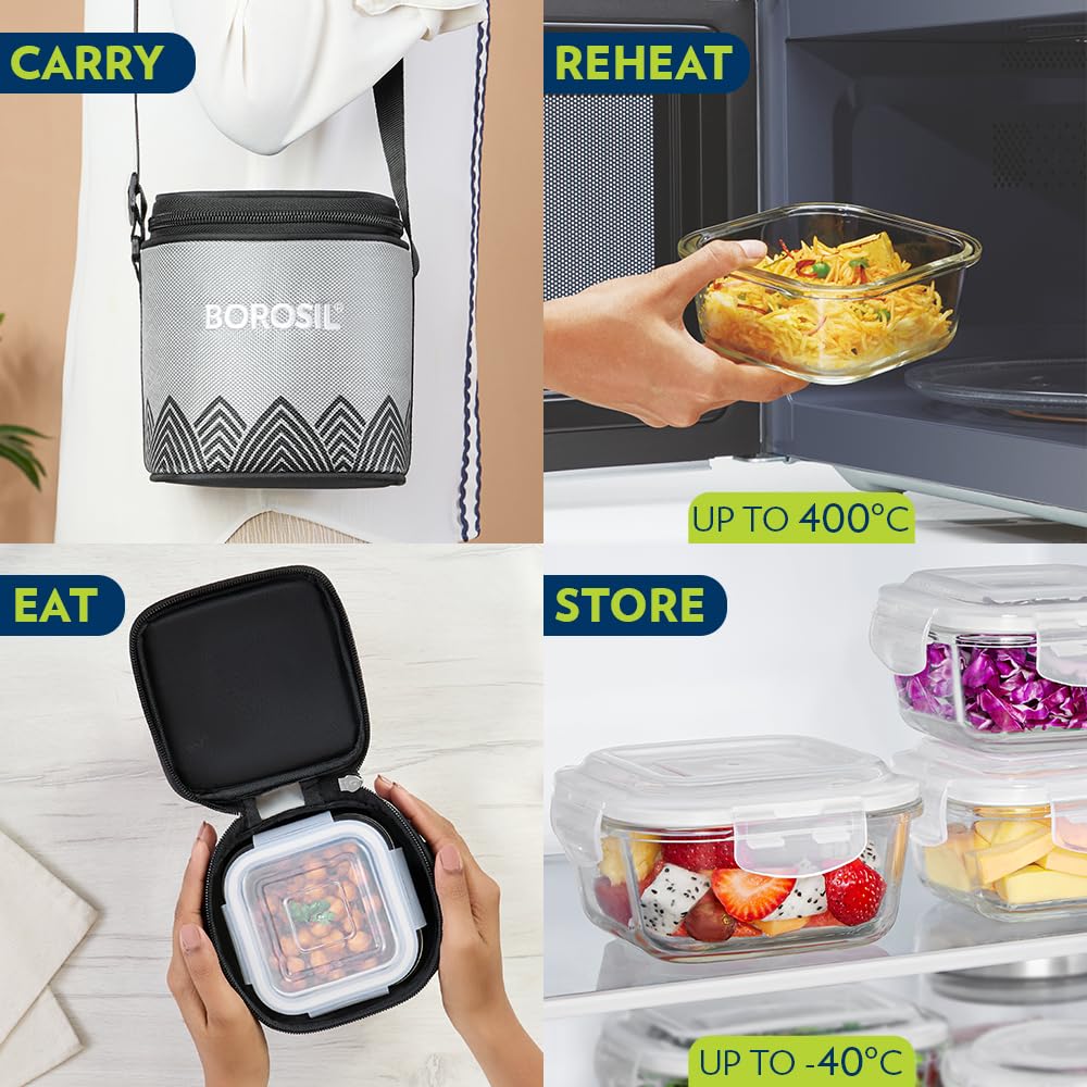 Borosil Mealbox Borosilicate Glass Lunchbox with Bag | 2 pc Square Container Set (320 ml Each) | Microwave & Dishwasher Safe, Leakproof | Tiffin for Office, School, College  BGFGBTIF0027