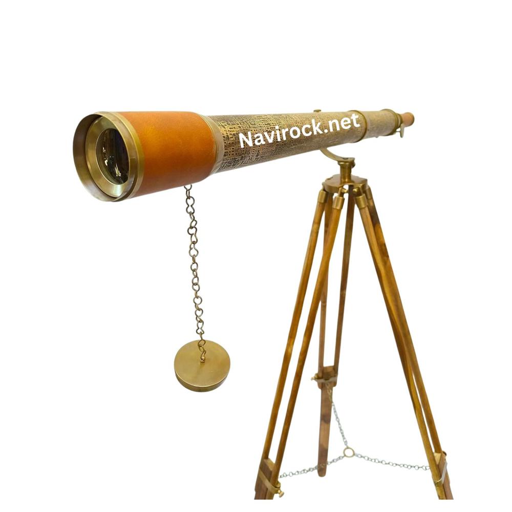 Antique Brass Navy Telescope  Handcrafted Leather Sheathed Spyglass with Adjustable Floor Standing Maritime Tripod, Home & Office Decor 64