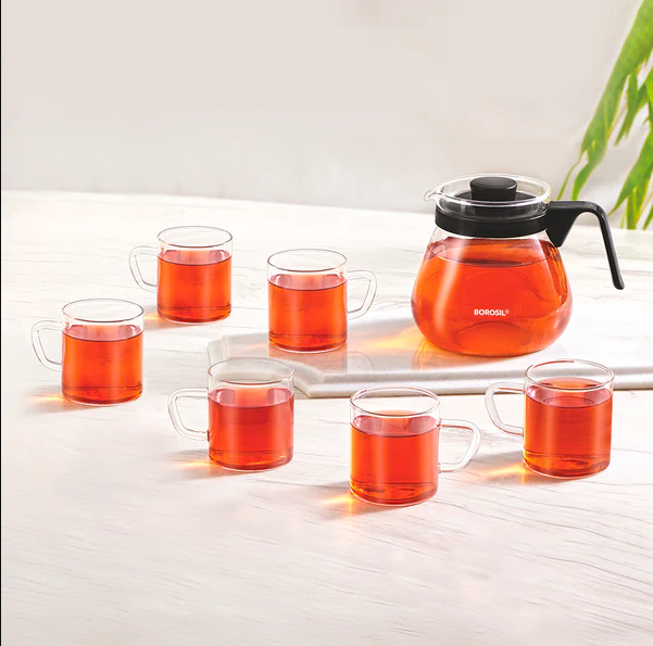 Borosil Prime Tea Set 5 N GLASS KETTLE 1L+4 VISION MUG 190ML BGFGBCOM0012