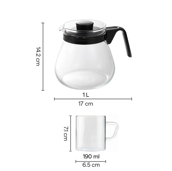 Borosil Prime Tea Set 5 N GLASS KETTLE 1L+4 VISION MUG 190ML BGFGBCOM0012
