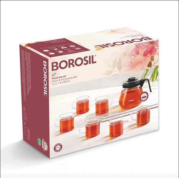 Borosil Prime Tea Set 5 N GLASS KETTLE 1L+4 VISION MUG 190ML BGFGBCOM0012