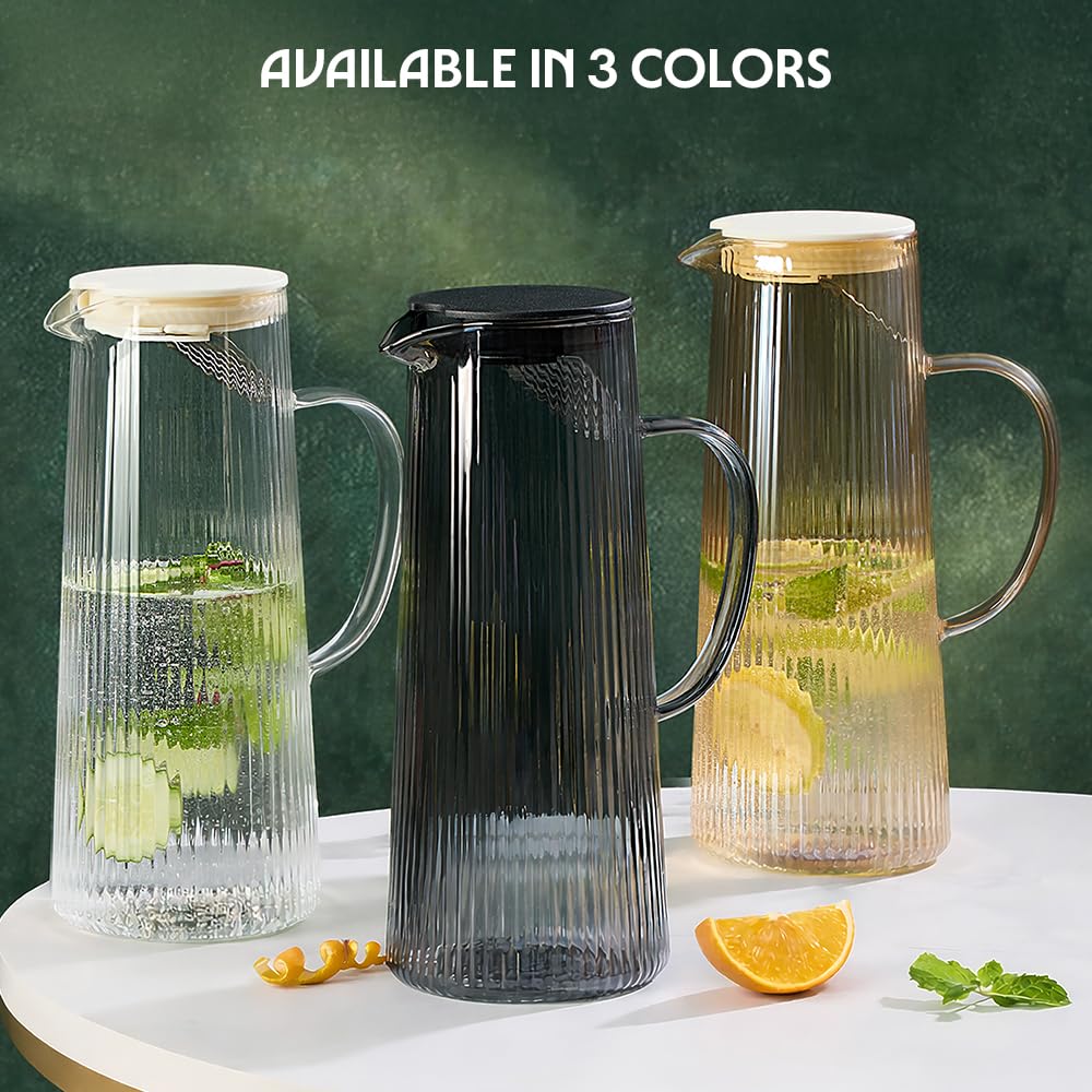 Borosil 1.35 L Breeze Grey Glass Jug with Acacia Wood Lid | Borosilicate Glass Water & Juice Pitcher | Refrigerator Safe | Elegant Serving Jug for Home & Dining