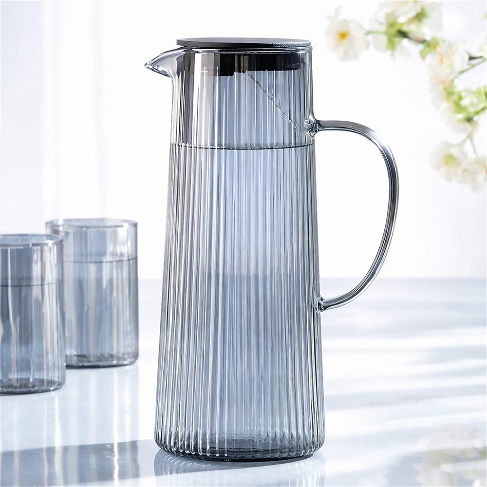 Borosil 1.35 L Breeze Grey Glass Jug with Acacia Wood Lid | Borosilicate Glass Water & Juice Pitcher | Refrigerator Safe | Elegant Serving Jug for Home & Dining