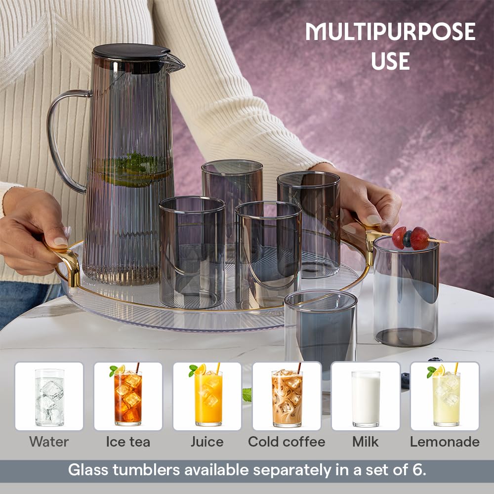 Borosil 1.35 L Breeze Grey Glass Jug with Acacia Wood Lid | Borosilicate Glass Water & Juice Pitcher | Refrigerator Safe | Elegant Serving Jug for Home & Dining