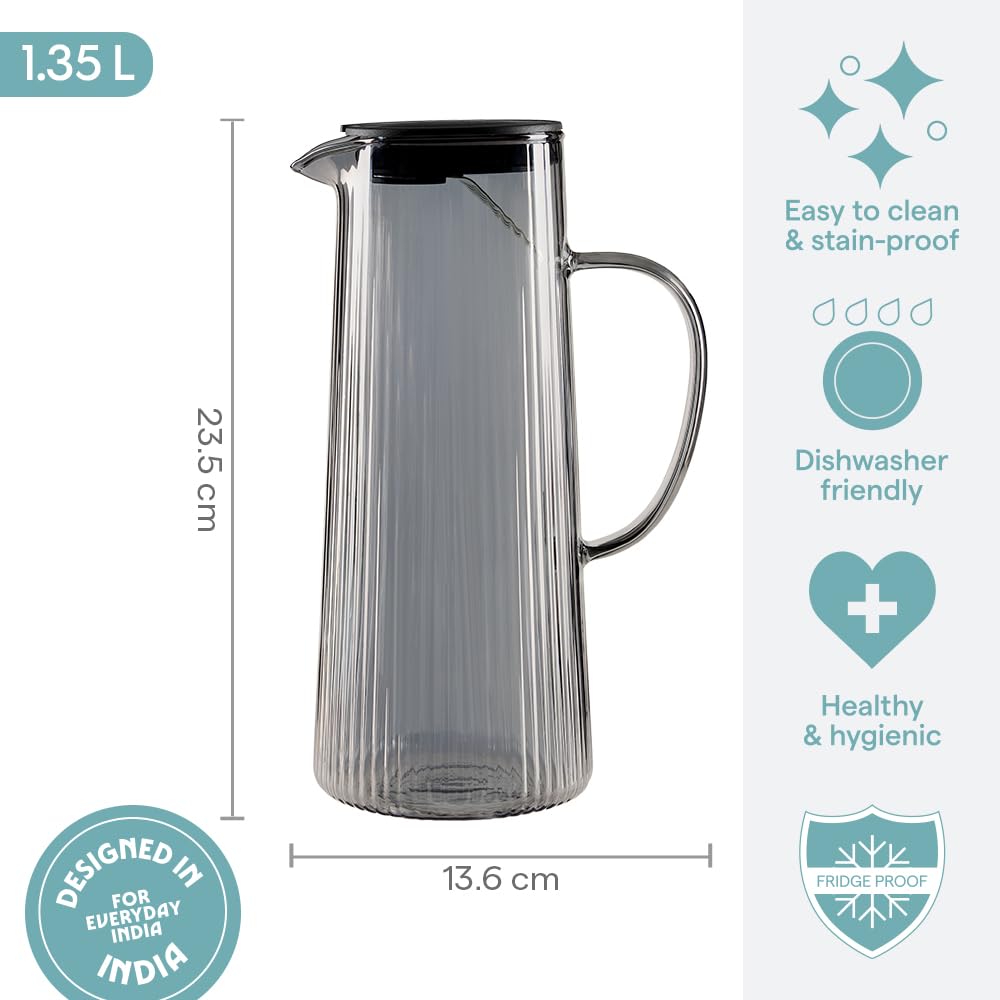 Borosil 1.35 L Breeze Grey Glass Jug with Acacia Wood Lid | Borosilicate Glass Water & Juice Pitcher | Refrigerator Safe | Elegant Serving Jug for Home & Dining