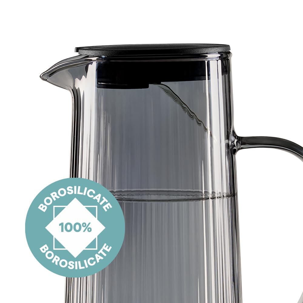 Borosil 1.35 L Breeze Grey Glass Jug with Acacia Wood Lid | Borosilicate Glass Water & Juice Pitcher | Refrigerator Safe | Elegant Serving Jug for Home & Dining