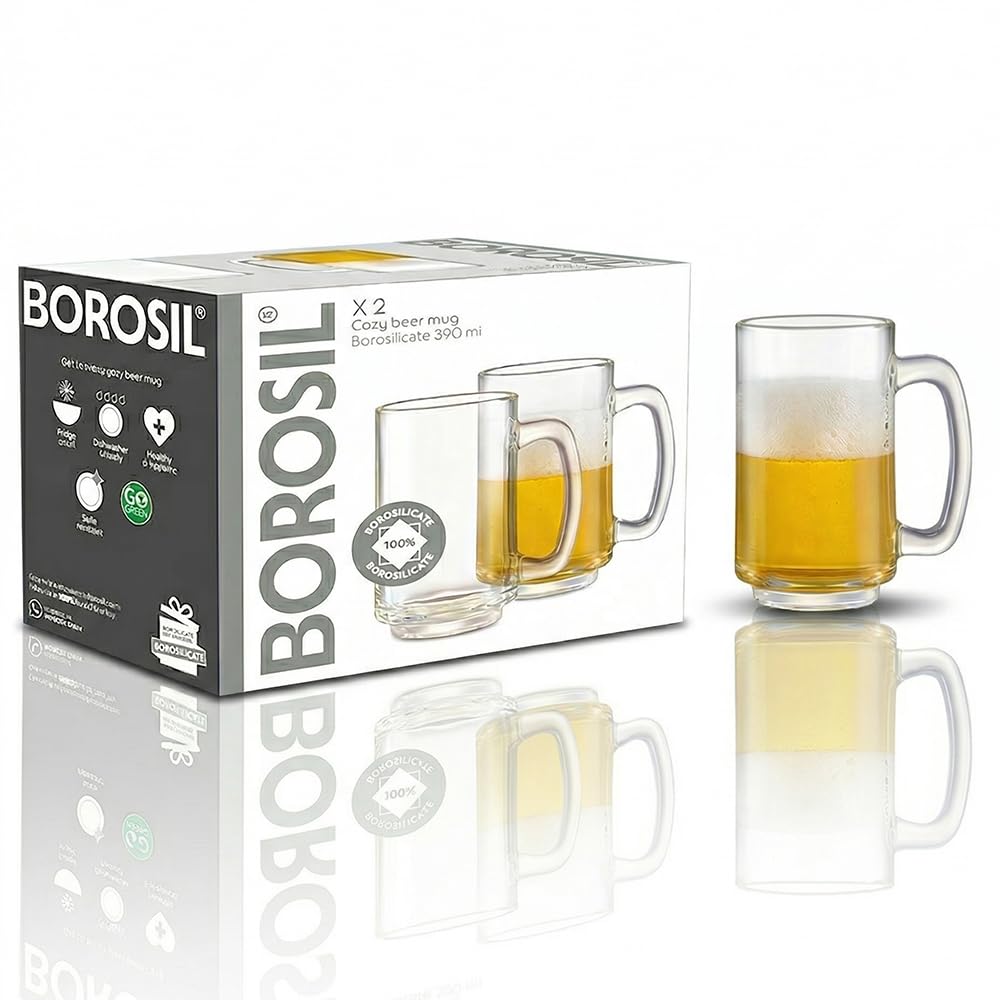 Borosil 390ml x 2pc Cozy Beer Mug Set | Borosillicate Glass Transparent Pitcher for Beer, Dishwasher Safe | Ideal for Beer, Juice & Cold Drinks