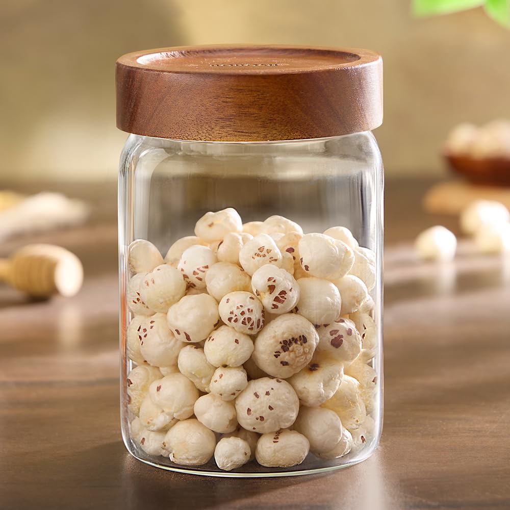 Borosil 900 ml Tallwood Glass Jar with Acacia Wood Lid | Borosilicate Glass Storage Jar for Dry Fruits, Spices & Snacks | Airtight Glass Container for Kitchen & Pantry