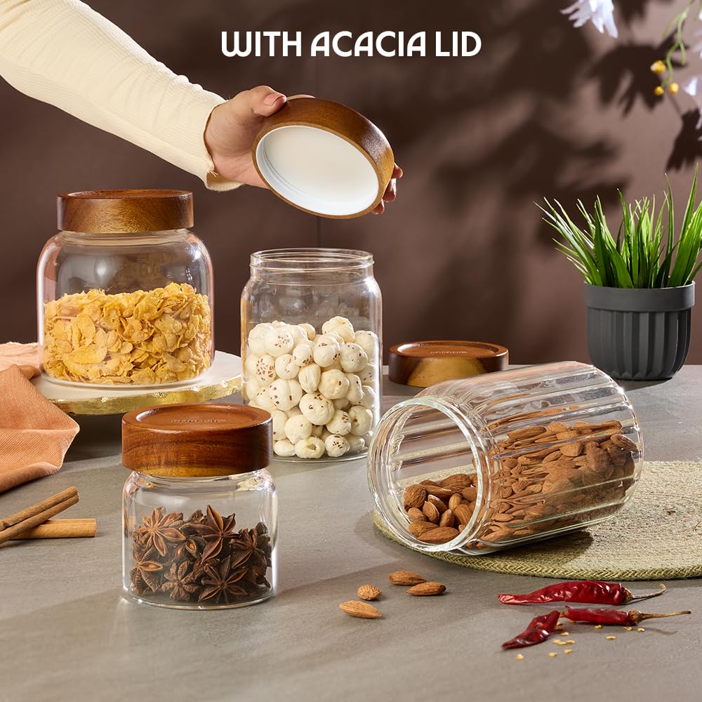 Borosil 900 ml Tallwood Glass Jar with Acacia Wood Lid | Borosilicate Glass Storage Jar for Dry Fruits, Spices & Snacks | Airtight Glass Container for Kitchen & Pantry