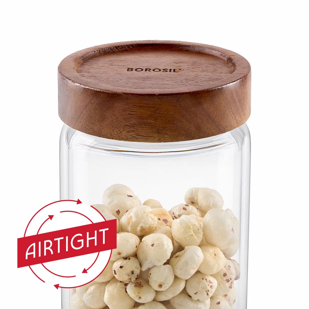 Borosil 900 ml Tallwood Glass Jar with Acacia Wood Lid | Borosilicate Glass Storage Jar for Dry Fruits, Spices & Snacks | Airtight Glass Container for Kitchen & Pantry