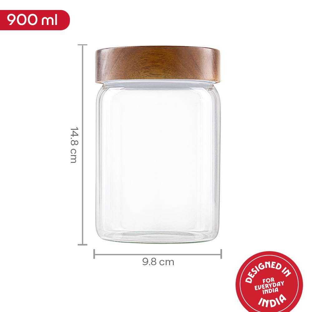 Borosil 900 ml Tallwood Glass Jar with Acacia Wood Lid | Borosilicate Glass Storage Jar for Dry Fruits, Spices & Snacks | Airtight Glass Container for Kitchen & Pantry