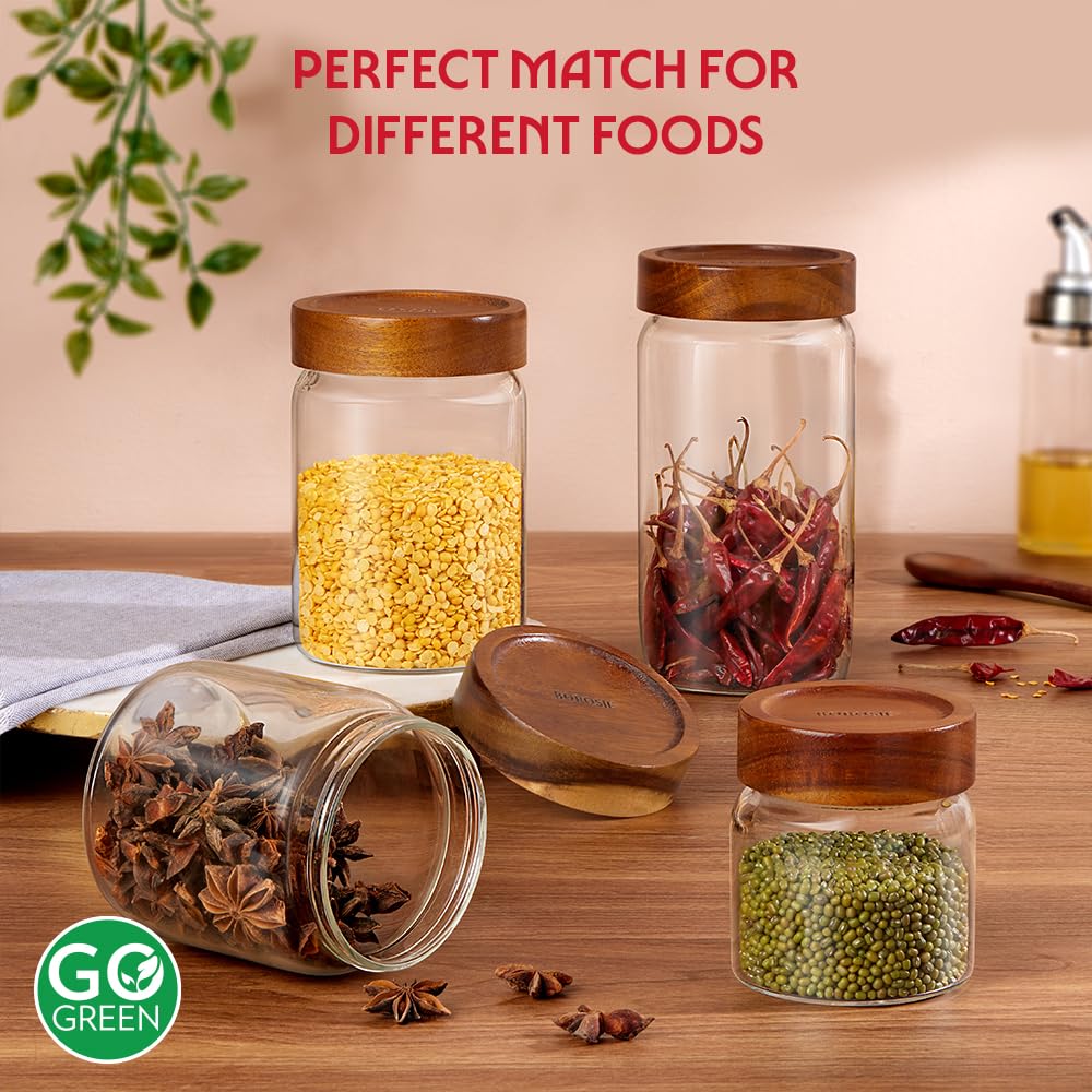 Borosil 900 ml Tallwood Glass Jar with Acacia Wood Lid | Borosilicate Glass Storage Jar for Dry Fruits, Spices & Snacks | Airtight Glass Container for Kitchen & Pantry