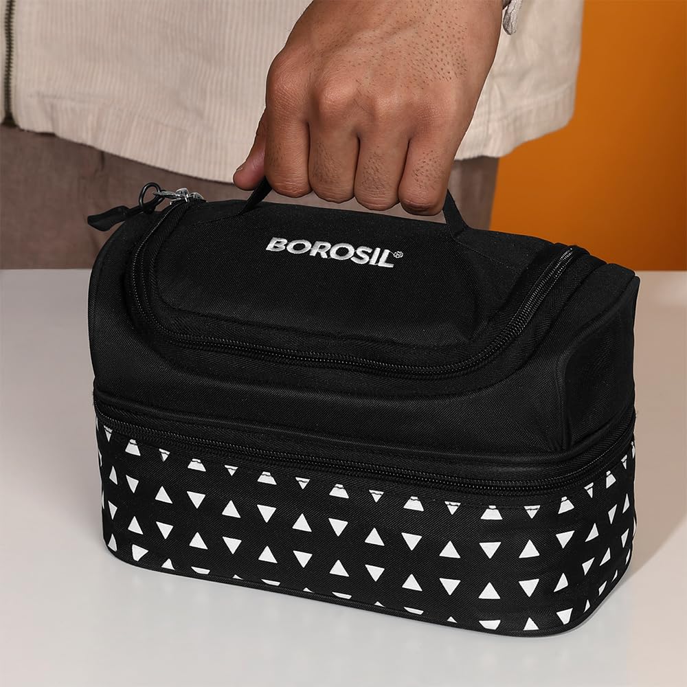 Borosil Kube Black Borosilicate Glass Lunchbox with Bag | 4 pc Container Set (320ml Square x 2 + 240ml Round x 2) | Microwave & Dishwasher Safe, Leakproof | Tiffin for Office, School, College