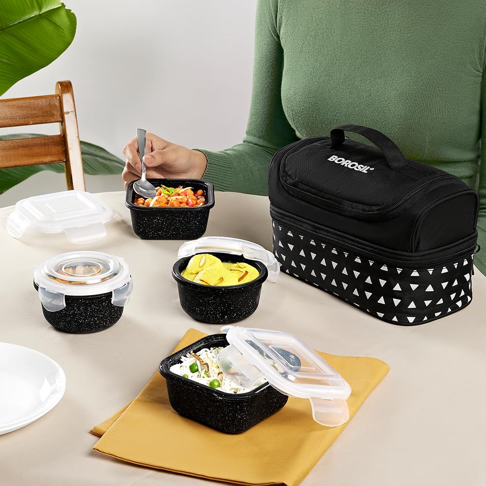 Borosil Kube Black Borosilicate Glass Lunchbox with Bag | 4 pc Container Set (320ml Square x 2 + 240ml Round x 2) | Microwave & Dishwasher Safe, Leakproof | Tiffin for Office, School, College