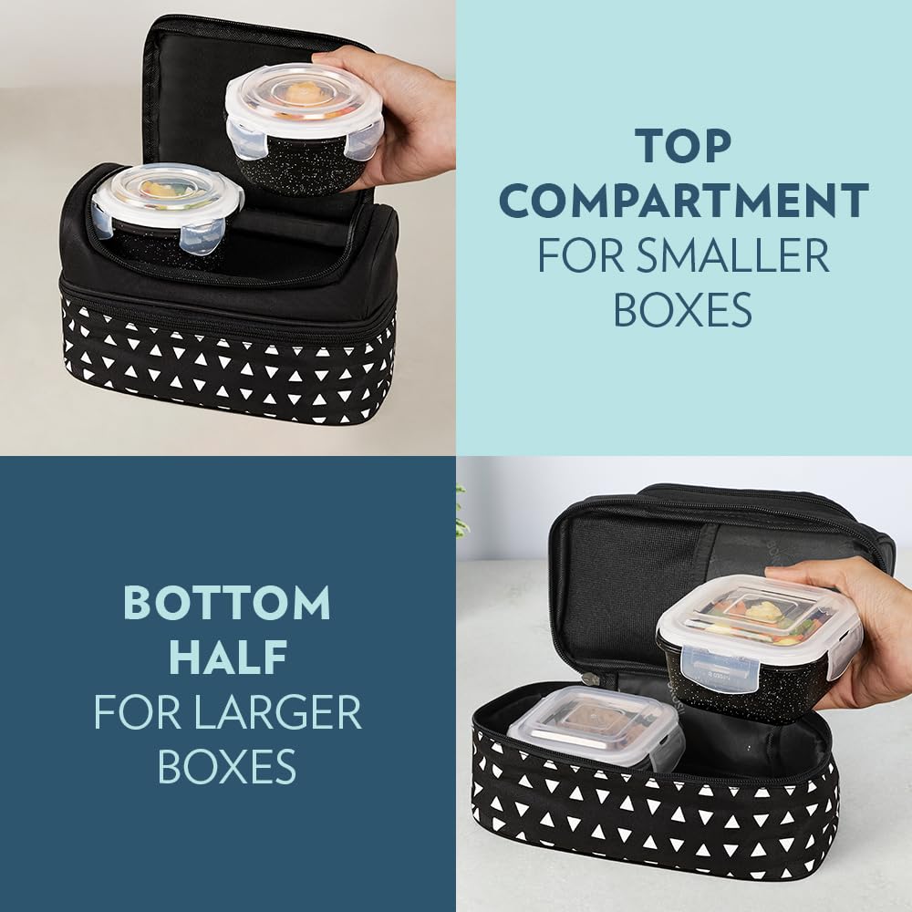 Borosil Kube Black Borosilicate Glass Lunchbox with Bag | 4 pc Container Set (320ml Square x 2 + 240ml Round x 2) | Microwave & Dishwasher Safe, Leakproof | Tiffin for Office, School, College